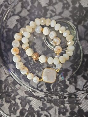 Gold-Accented Cream Beaded Stretch Bracelet 2 Piece Set